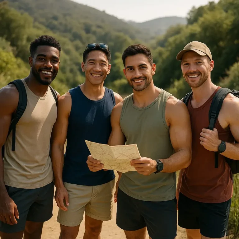 Four men smiling and holding a map on a hiking trail-Men's Health Coaching & Fitness Training