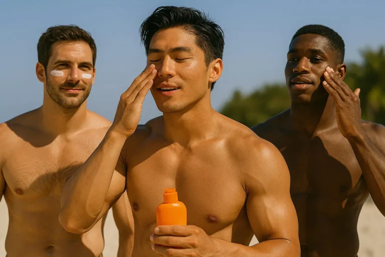 Men applying sunscreen to face for sun protection-Men's Health Coaching & Fitness Training
